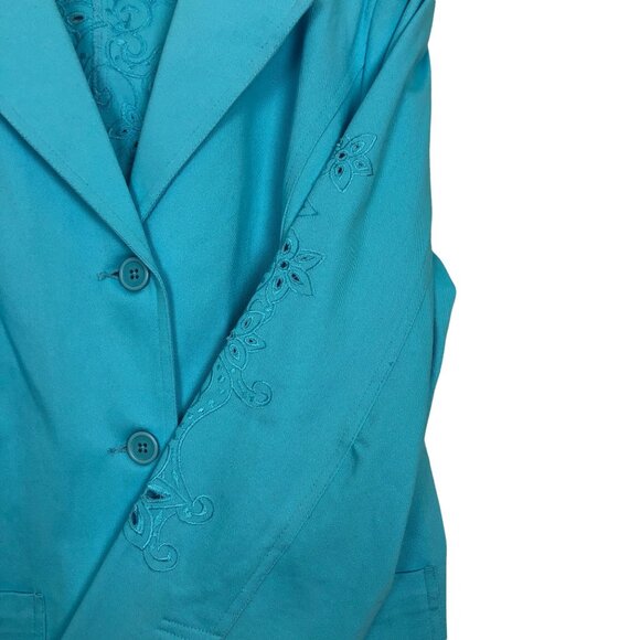 Vtg Y2K Susan Graver Turquoise Embroidered Cotton Blazer Jacket Women’s Medium - Picture 9 of 10
